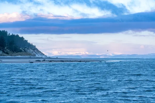 A clear winter view over the sea and hills.